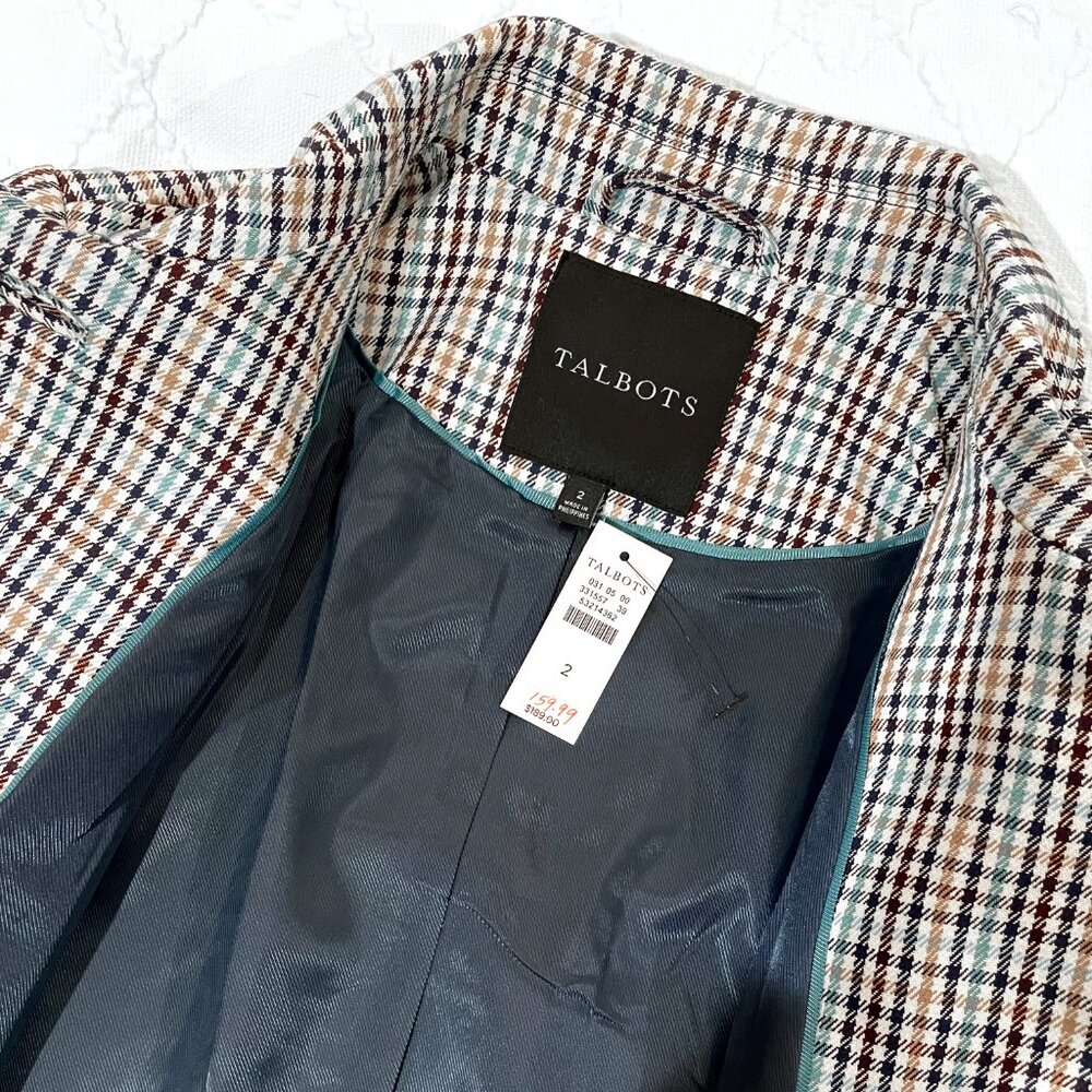 NWT Talbots Check Plaid Coat Ivory Aqua Camel Navy Brown Size 2 - Picture 4 of 7